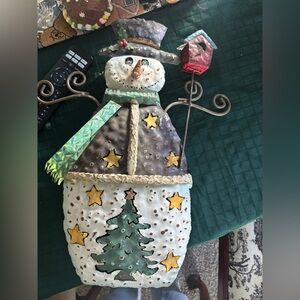 Charming Snowman Metal Wall Decor with Green and Gold Accents